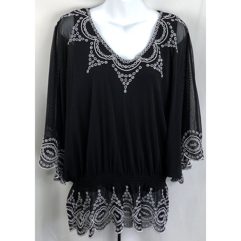 Alfani Peplum Top L Blk Smocked Layered Mesh Embroidery Dolman Sleeve Whimsigoth